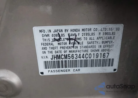 2004 Honda Accord 2.4 Lx из США, поврежденный, VIN JHMCM56344C019167